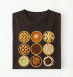 A folded dark brown t-shirt featuring a graphic print of nine different pie designs in a 3x3 grid, displayed against a clean white background.