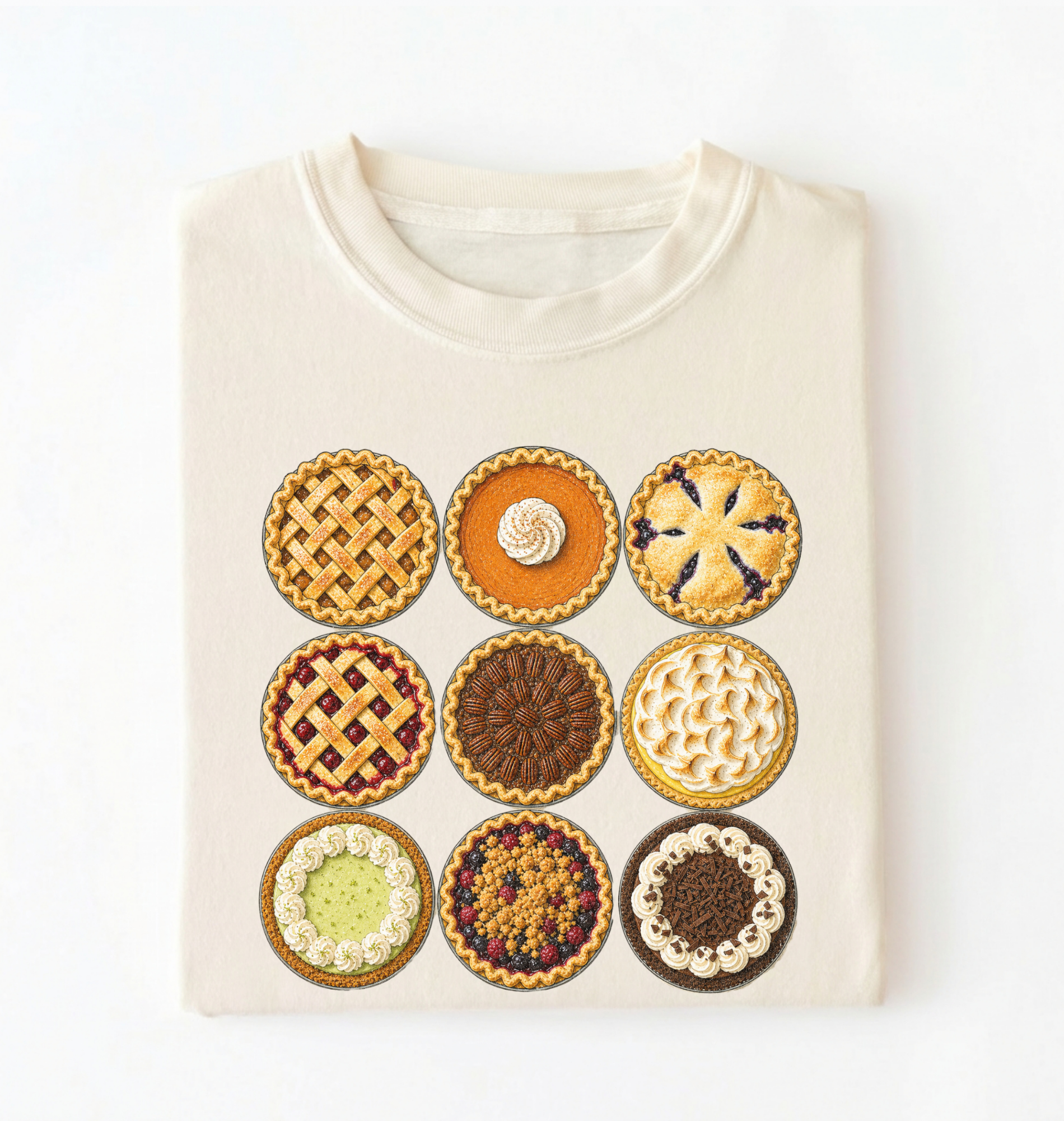An off-white crewneck sweatshirt featuring a graphic print of nine different pies arranged in a 3x3 grid, displayed flat against a white background.