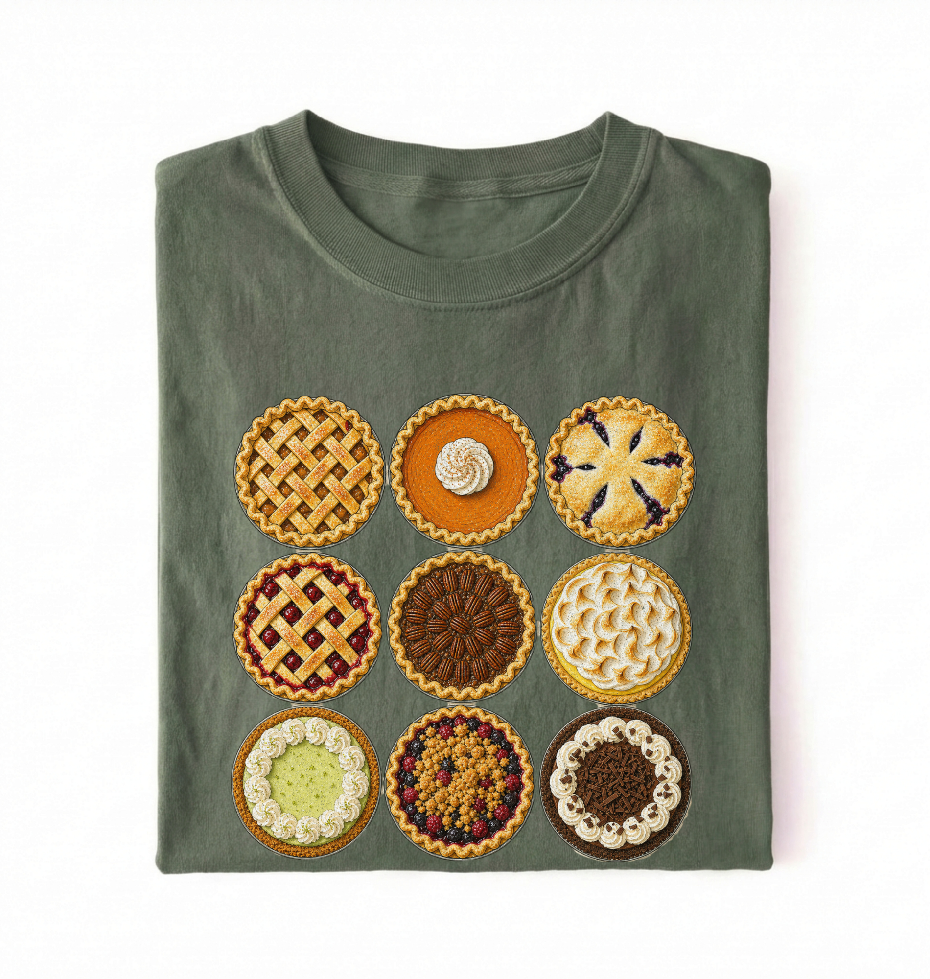 A folded sage green t-shirt featuring a graphic of nine embroidered-style pies in various flavors and patterns, displayed on a clean white background.