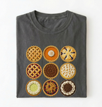 A dark gray folded t-shirt featuring a graphic print of nine different pie designs arranged in a 3x3 grid, displayed against a plain white background.