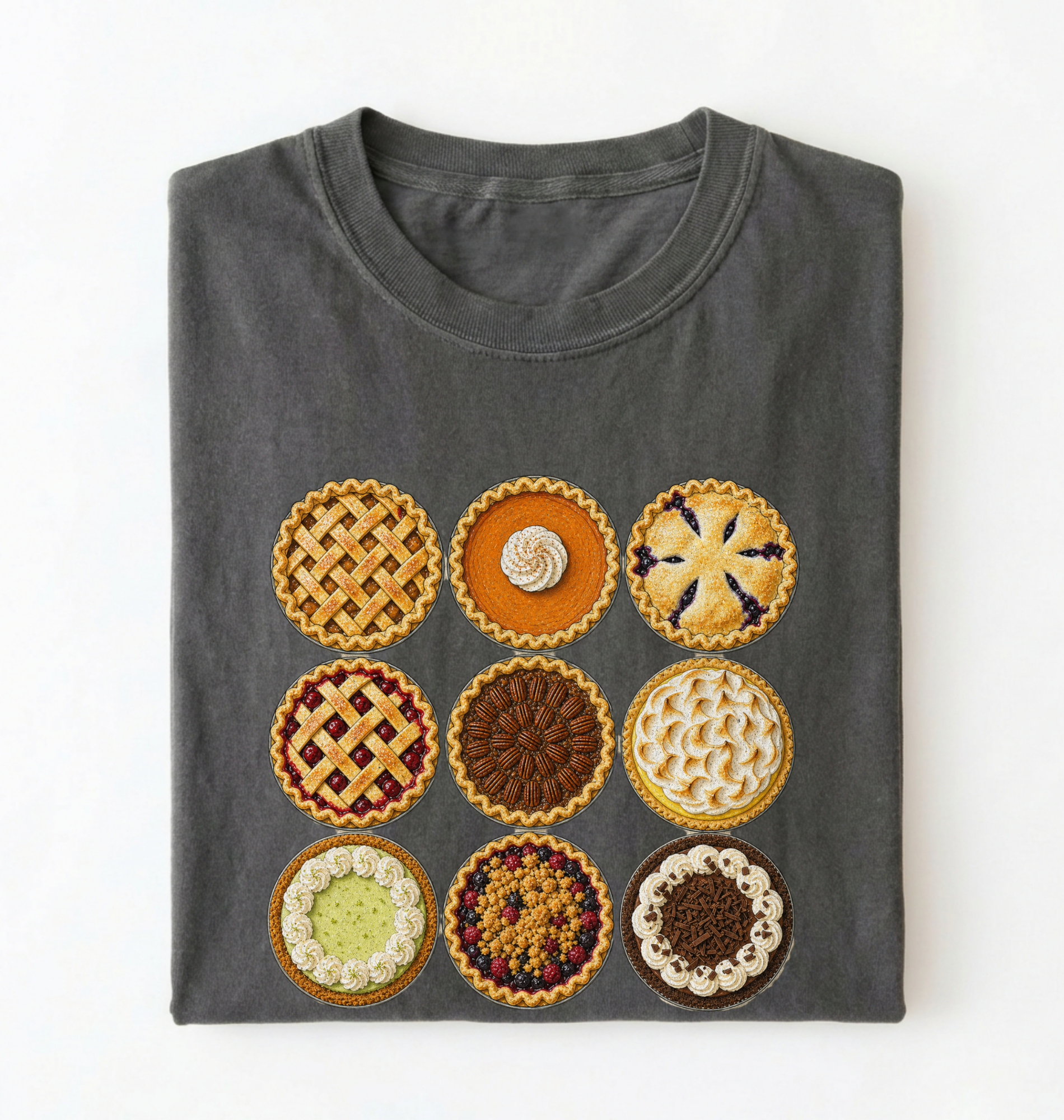 A dark gray folded t-shirt featuring a graphic print of nine different pie designs arranged in a 3x3 grid, displayed against a plain white background.