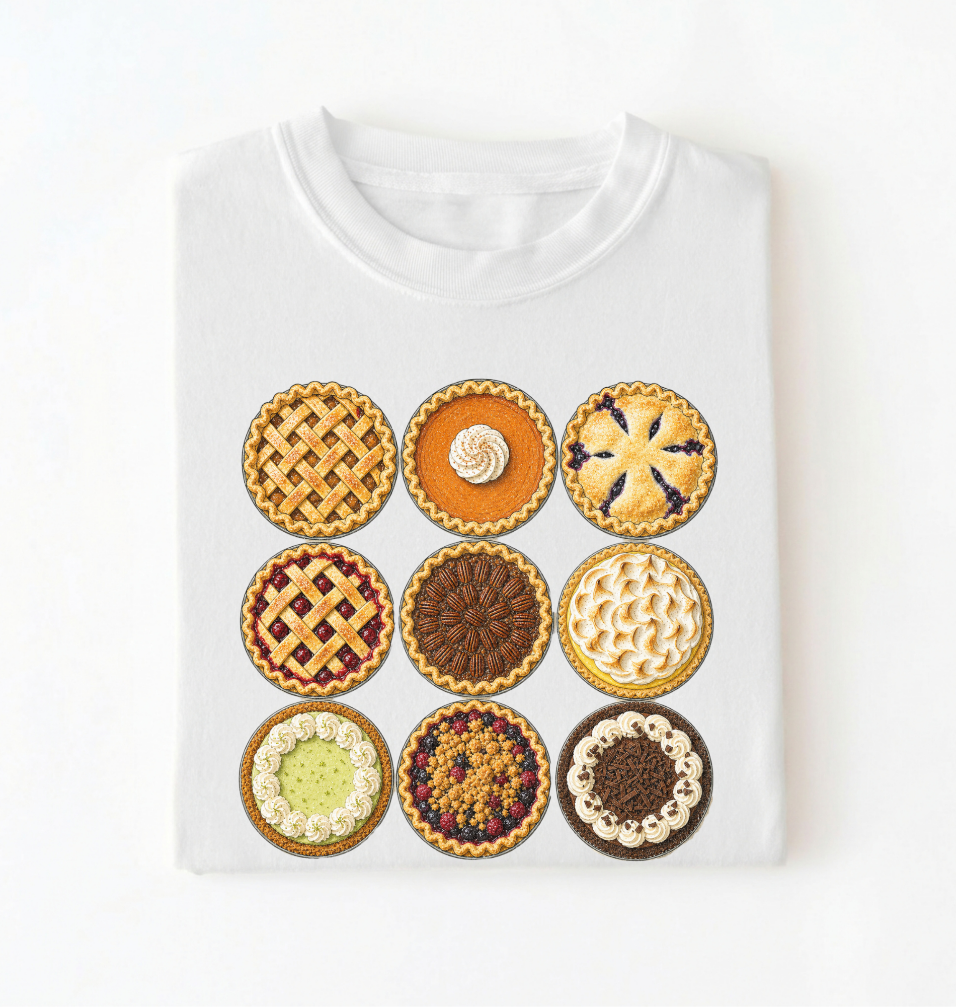 A white short-sleeve crewneck t-shirt featuring a graphic print of nine different mini pies arranged in a 3x3 grid, displayed flat against a white background.
