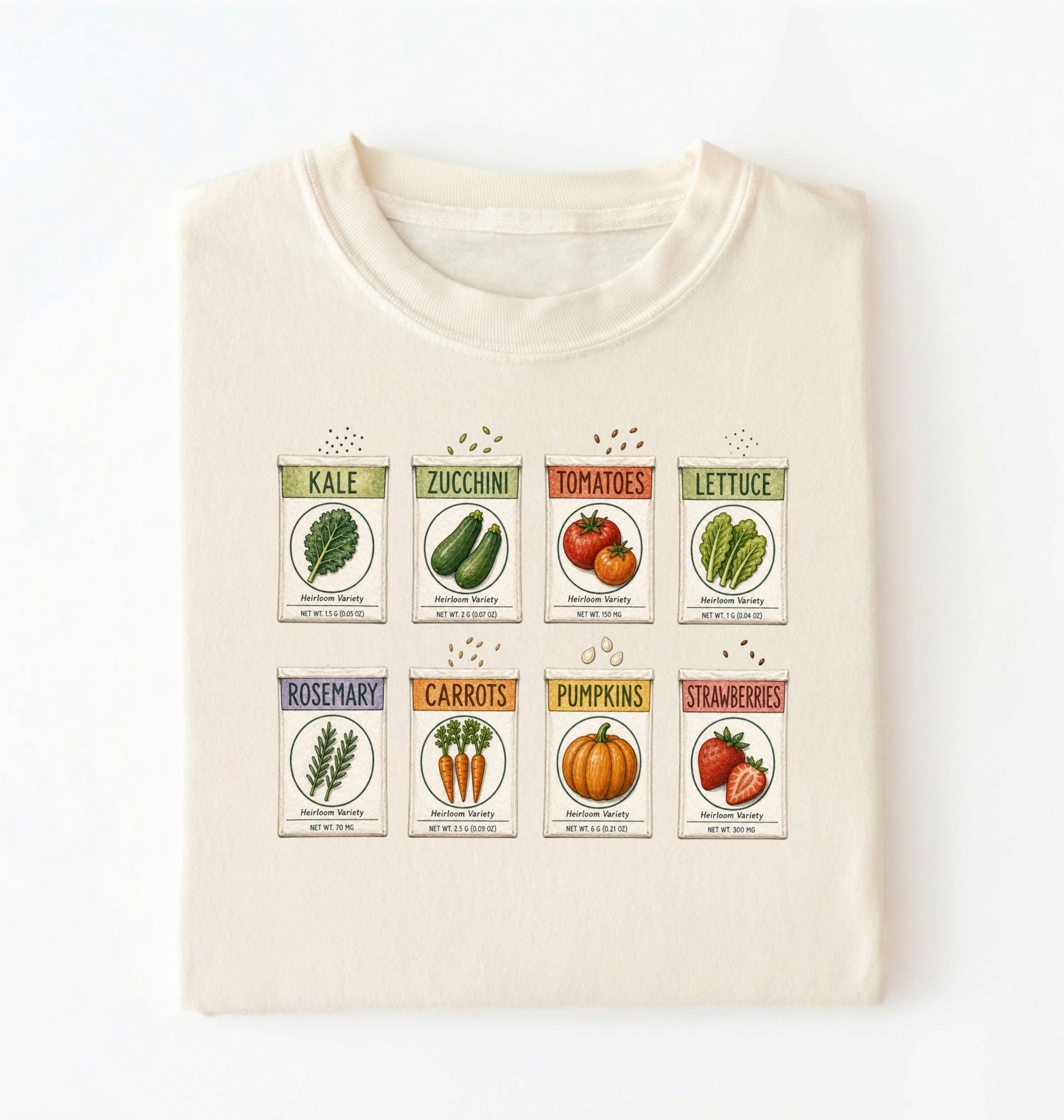 Flat lay of a cream vintage seed packet garden shirt with heirloom vegetable and herb illustrations gardener gift on a white background