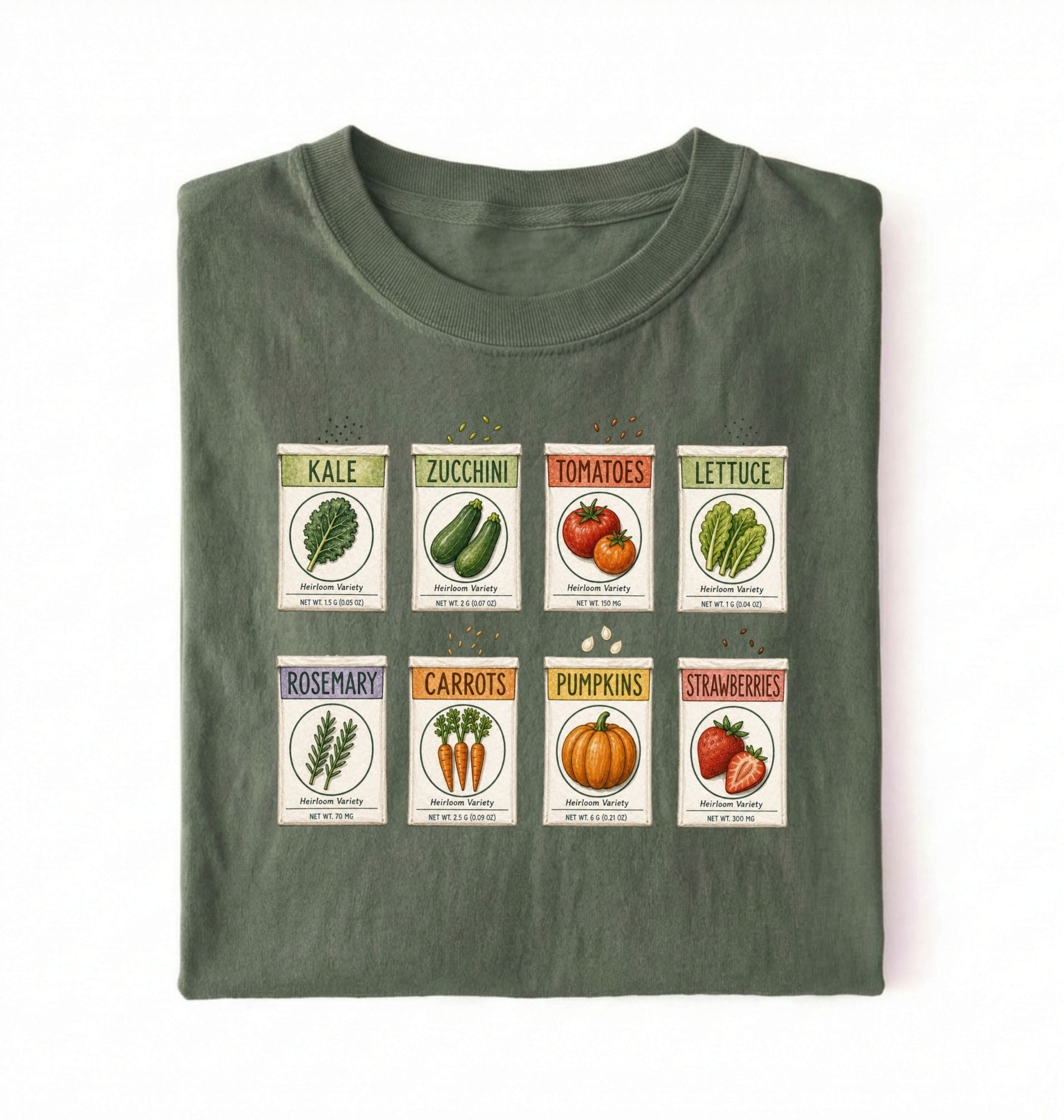 Flat lay of a green vintage seed packet garden shirt with heirloom vegetable and herb illustrations gardener gift on a white background