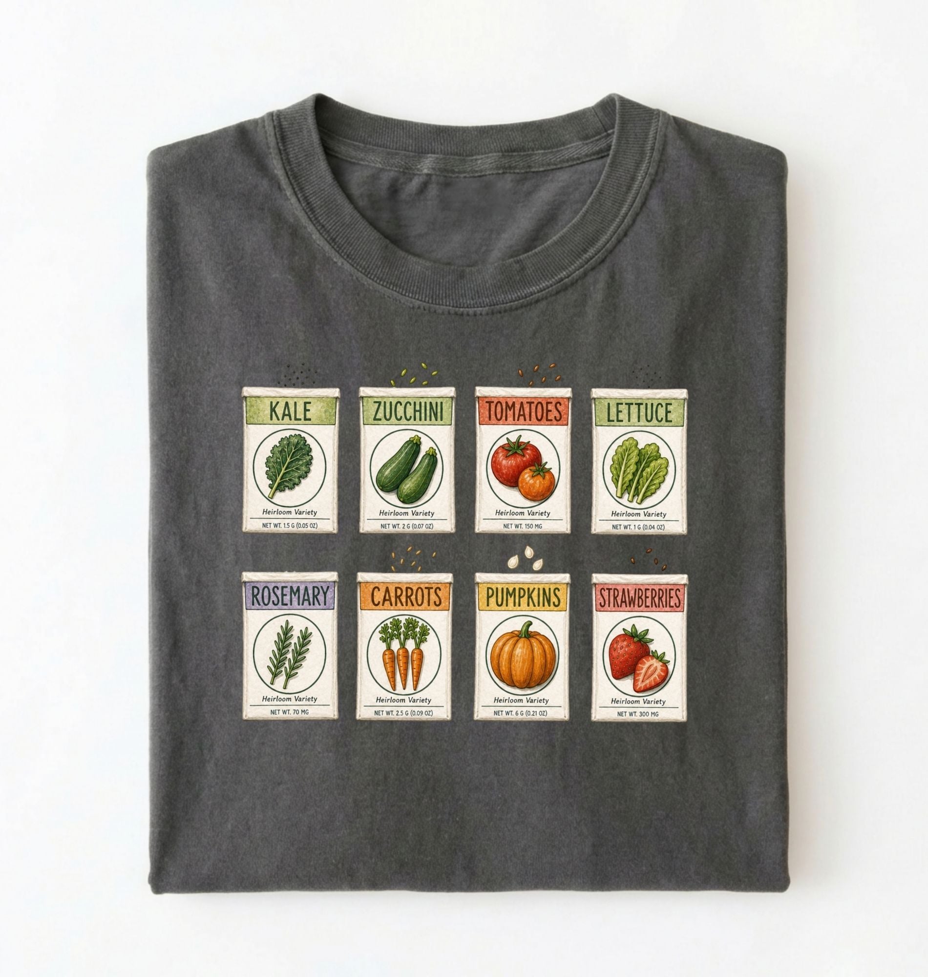 Flat lay of a moss vintage seed packet garden shirt with heirloom vegetable and herb illustrations gardener gift on a white background