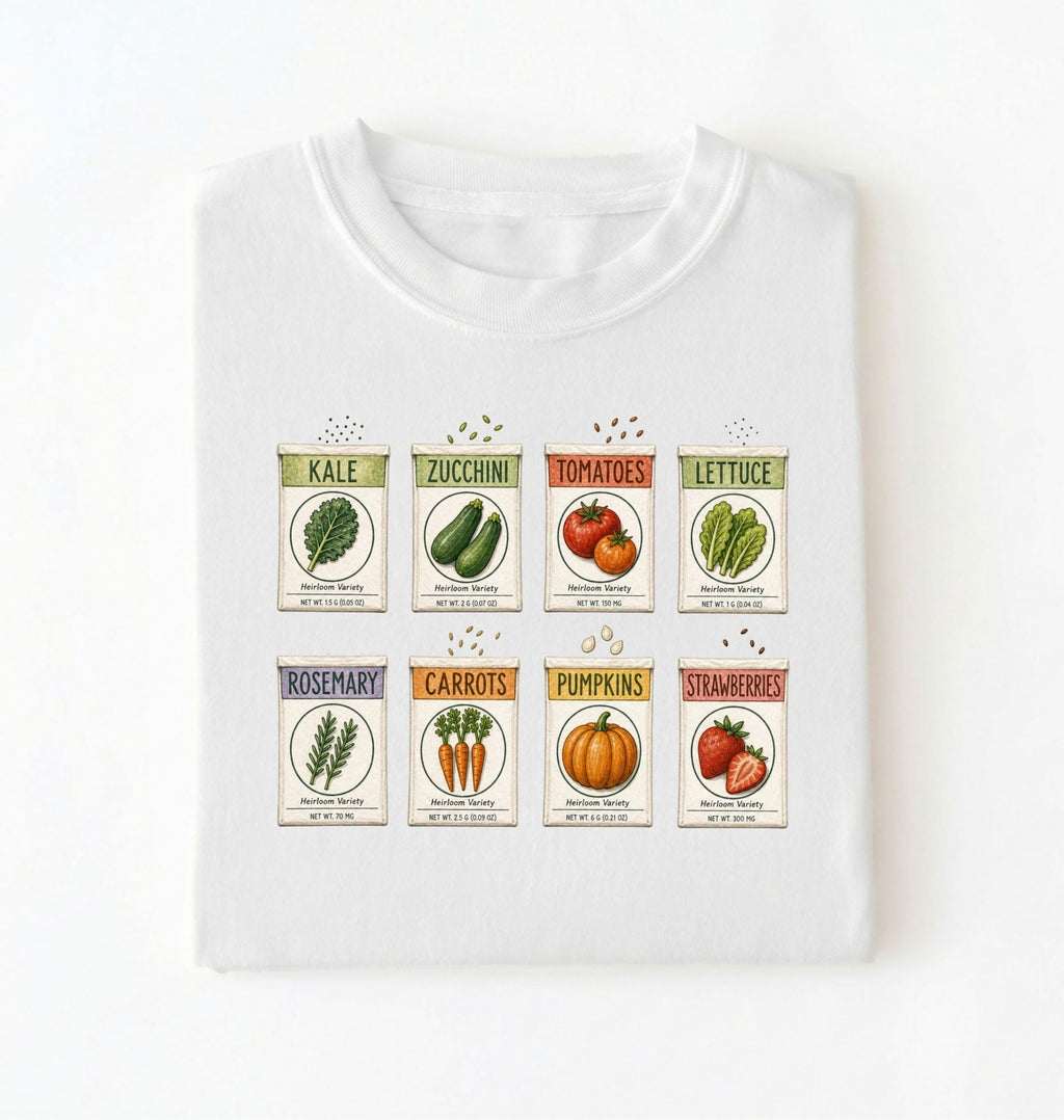 Flat lay of a white vintage seed packet garden shirt with heirloom vegetable and herb illustrations gardener gift on a white background