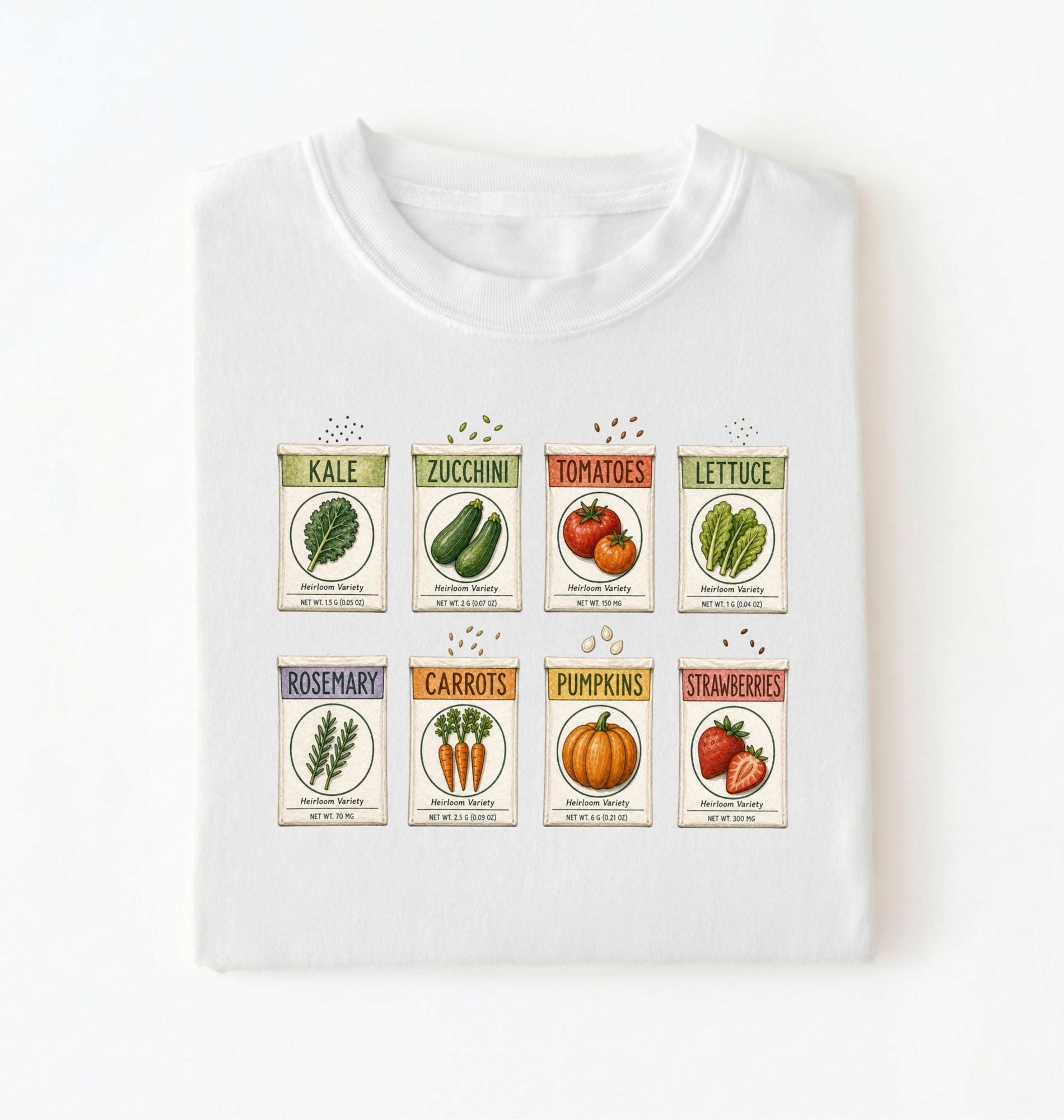 Flat lay of a white vintage seed packet garden shirt with heirloom vegetable and herb illustrations gardener gift on a white background