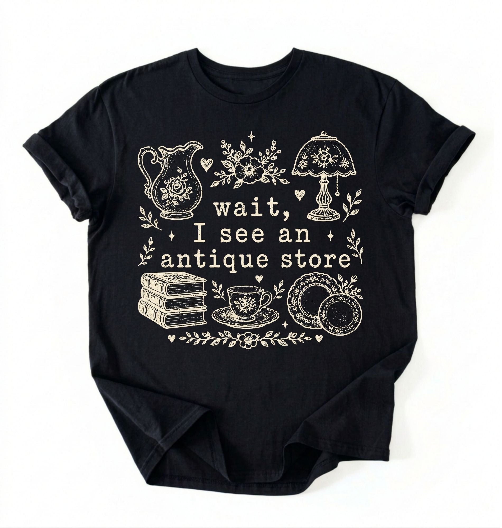 Flat lay of a black wait i see an antique store shirt funny vintage thrift aesthetic gift on a white background 