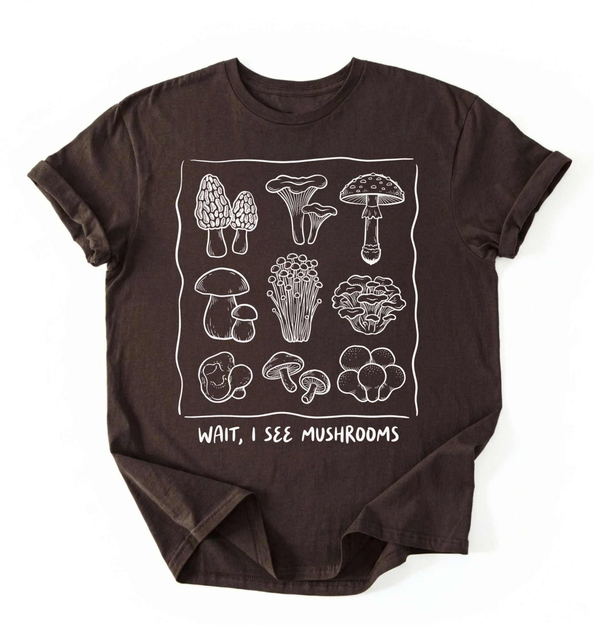 Flat lay of a Brown t-shirt with white mushroom illustrations and text on a white background on a white background 