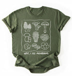 Flat lay of a Green t-shirt with white mushroom illustrations and text on a white background on a white background 