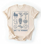 Flat lay of a Brown t-shirt with white mushroom illustrations and text on a white background on a white background 