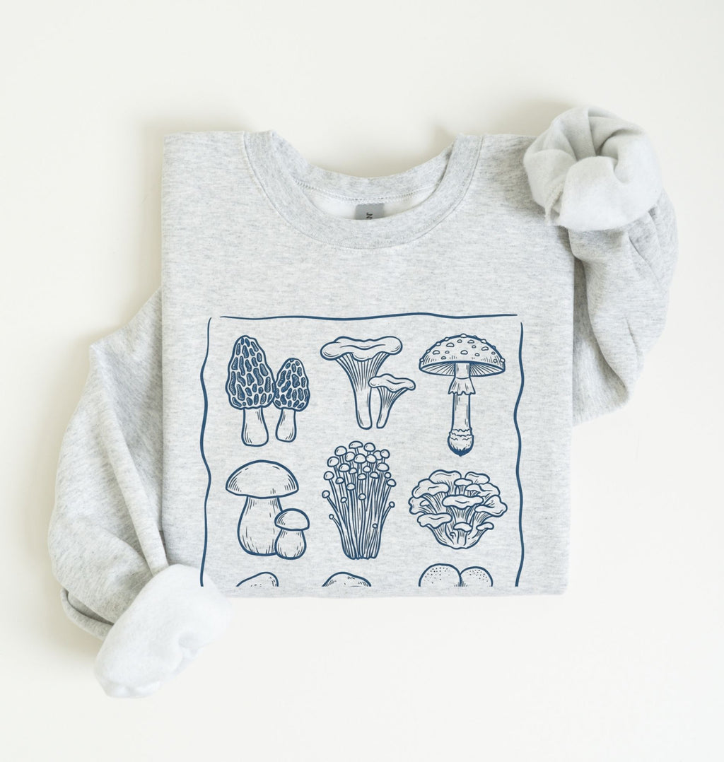 Ash sweatshirt with wait I see mushrooms text and illustrated mushroom varieties, funny mushroom lover gift for gardeners