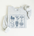 Ash sweatshirt with wait I see mushrooms text and illustrated mushroom varieties, funny mushroom lover gift for gardeners