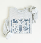 Ash sweatshirt with wait I see mushrooms text and illustrated mushroom varieties, funny mushroom lover gift for gardeners