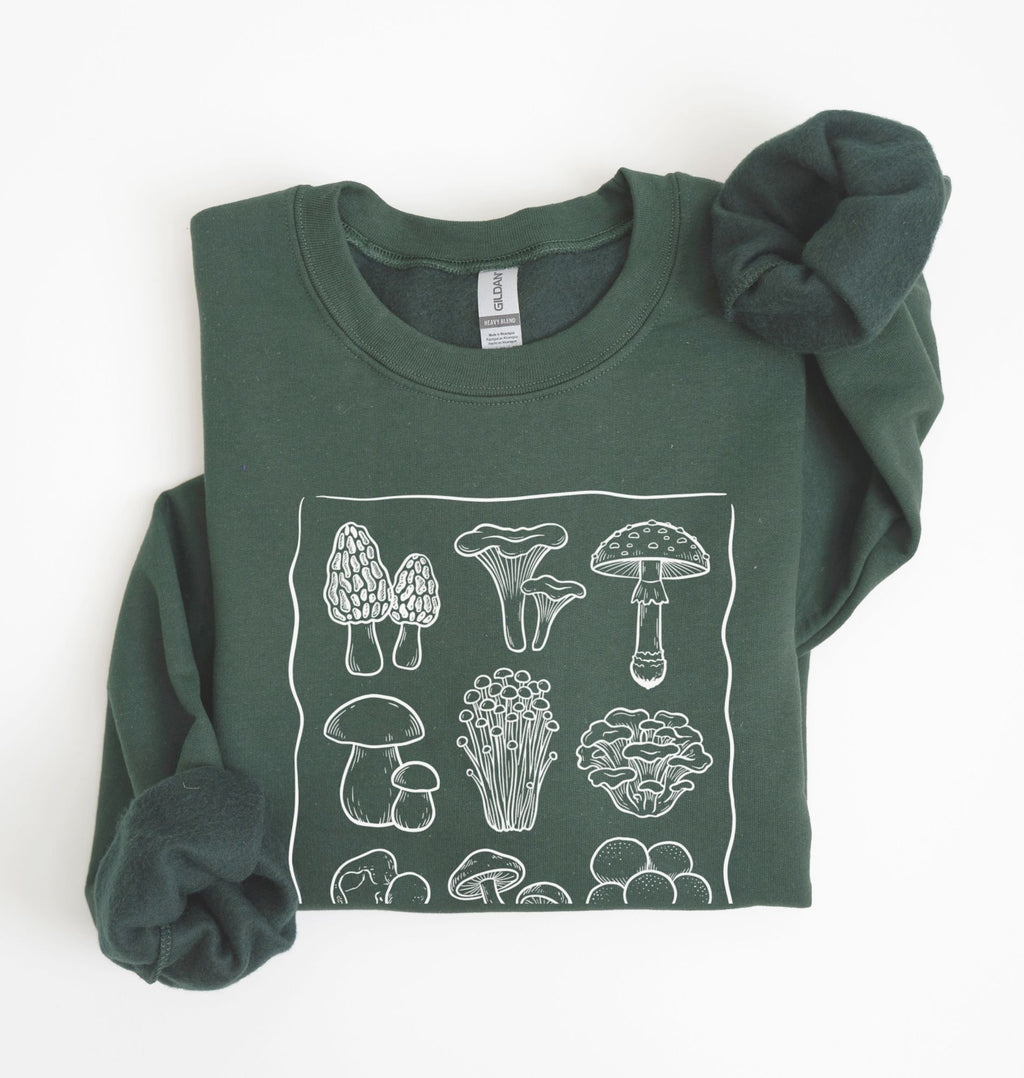 Forestgreen sweatshirt with wait I see mushrooms text and illustrated mushroom varieties, funny mushroom lover gift for gardeners