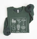 Forestgreen sweatshirt with wait I see mushrooms text and illustrated mushroom varieties, funny mushroom lover gift for gardeners