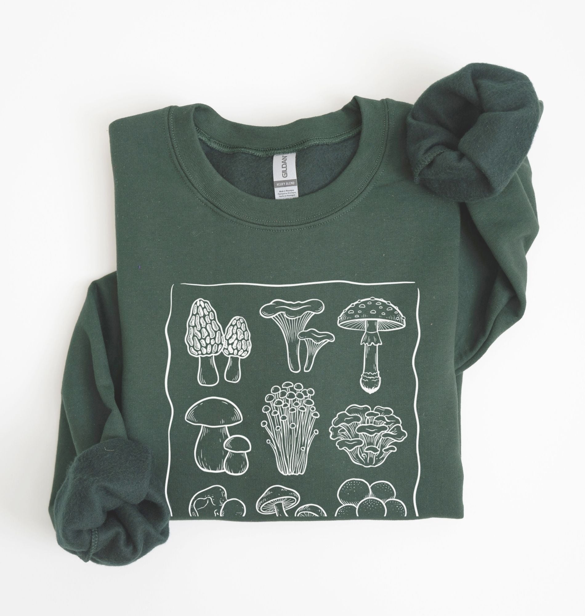 Forestgreen sweatshirt with wait I see mushrooms text and illustrated mushroom varieties, funny mushroom lover gift for gardeners