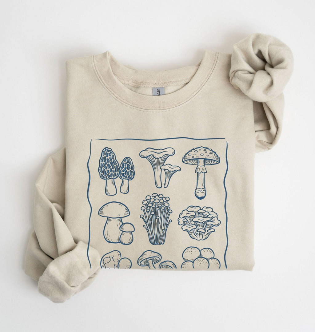 Sand sweatshirt with wait I see mushrooms text and illustrated mushroom varieties, funny mushroom lover gift for gardeners