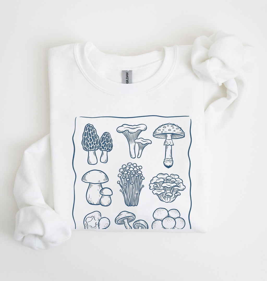 White sweatshirt with wait I see mushrooms text and illustrated mushroom varieties, funny mushroom lover gift for gardeners