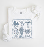 White sweatshirt with wait I see mushrooms text and illustrated mushroom varieties, funny mushroom lover gift for gardeners