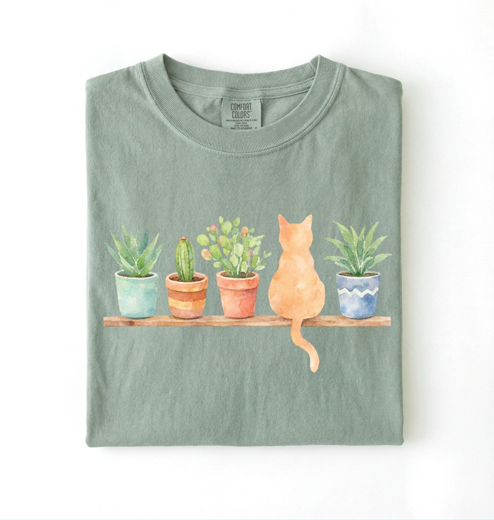 Watercolor plants and cat t-shirt with botanical illustration, perfect plant lover and cat lover gift