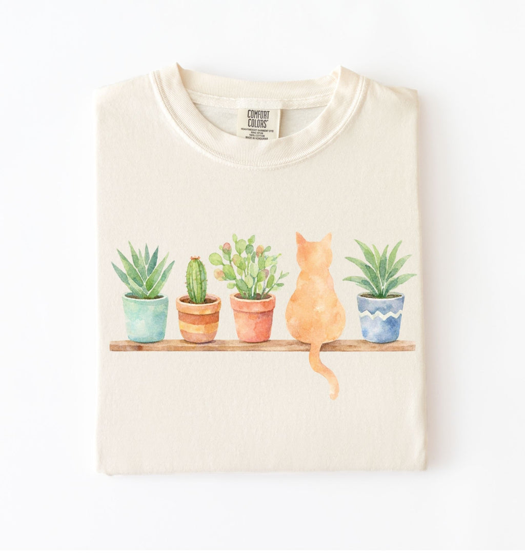 Watercolor plants and cat t-shirt with botanical illustration, perfect plant lover and cat lover gift