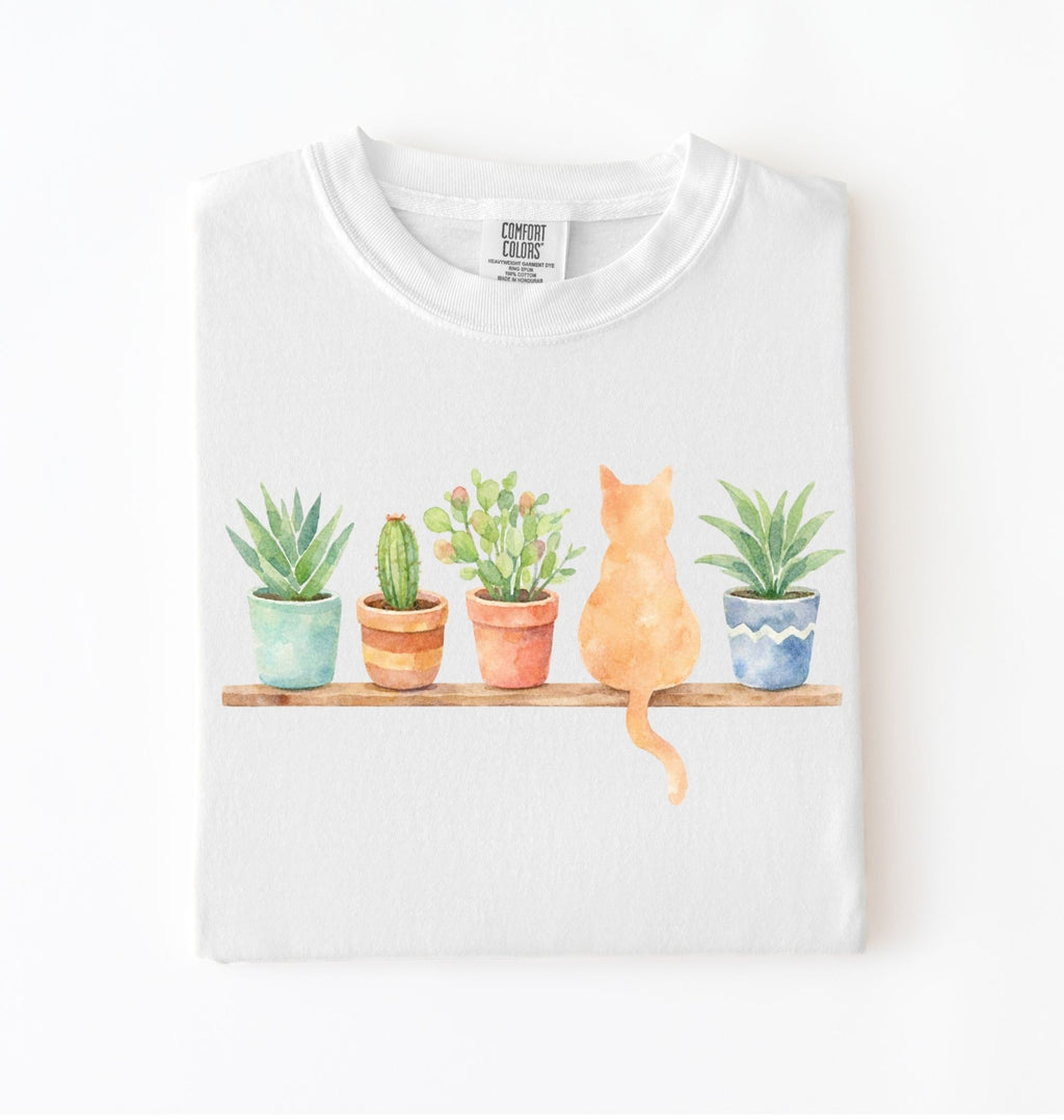 Watercolor plants and cat t-shirt with botanical illustration, perfect plant lover and cat lover gift