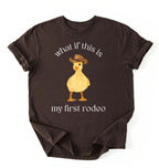 Flat lay of a dark chocolate what if this is my first rodeo shirt brown funny cowboy duck t shirt western humor gift on a white background 