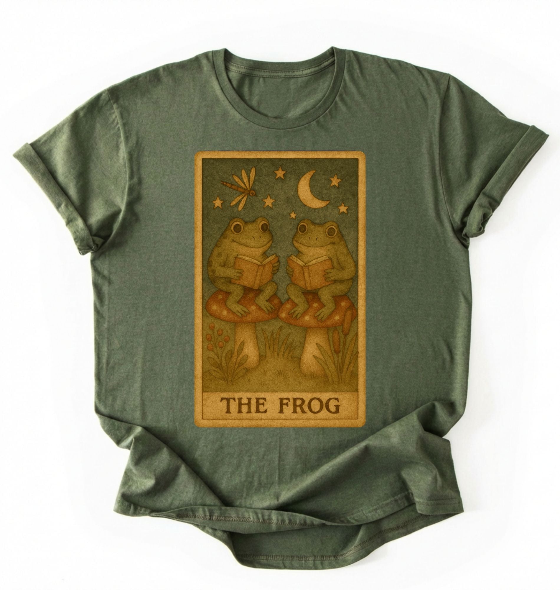 flat lay of a Moss_Military_Green cozy frog reading shirt perfect for book lovers and nature fans on a white background 