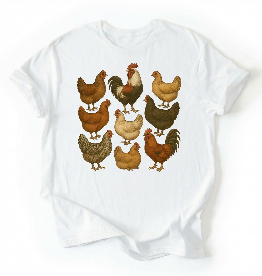flat lay of a white Vintage chicken breeds illustration shirt featuring colorful hens and roosters, perfect gift for chicken lovers and gardeners on a white background 