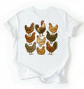 flat lay of a white Vintage chicken breeds illustration shirt featuring colorful hens and roosters, perfect gift for chicken lovers and gardeners on a white background 