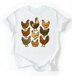 flat lay of a white Vintage chicken breeds illustration shirt featuring colorful hens and roosters, perfect gift for chicken lovers and gardeners on a white background 