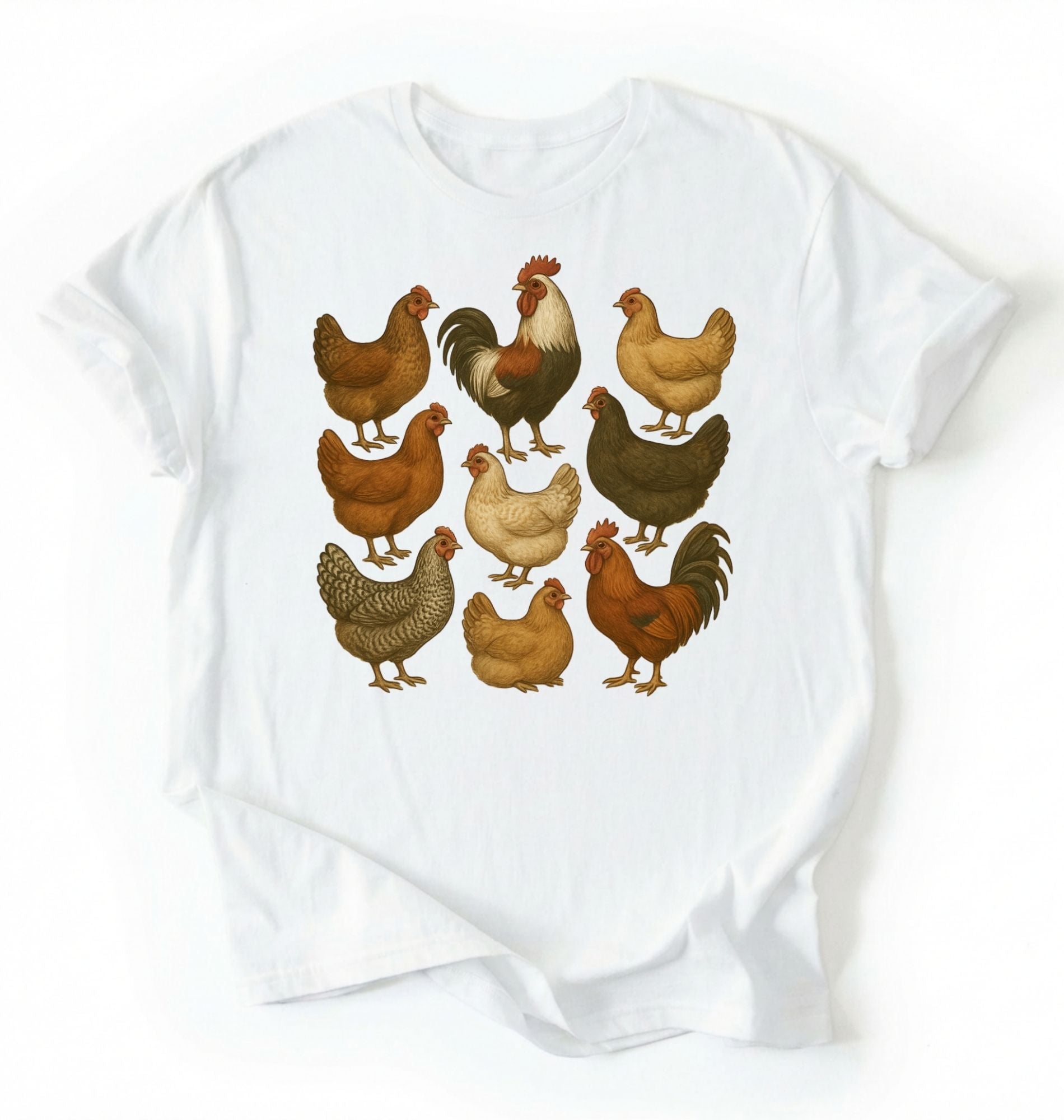 flat lay of a white Vintage chicken breeds illustration shirt featuring colorful hens and roosters, perfect gift for chicken lovers and gardeners on a white background 