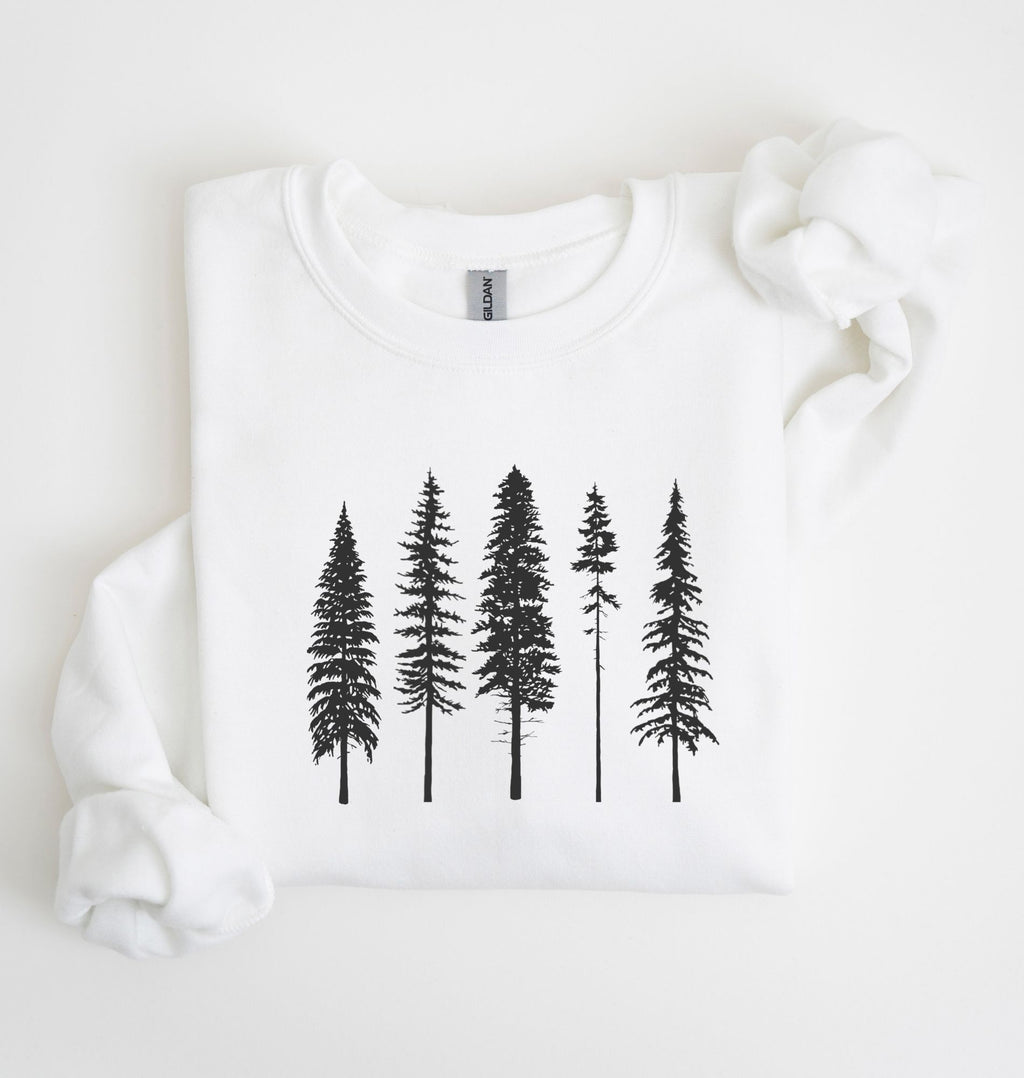 Minimalist pine trees sweatshirt with black forest tree design on white cozy crewneck