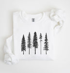 Minimalist pine trees sweatshirt with black forest tree design on white cozy crewneck