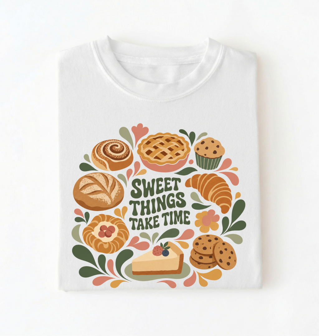 Sweet Things Take Time T-Shirt — Bakery Pastries Comfort Tee