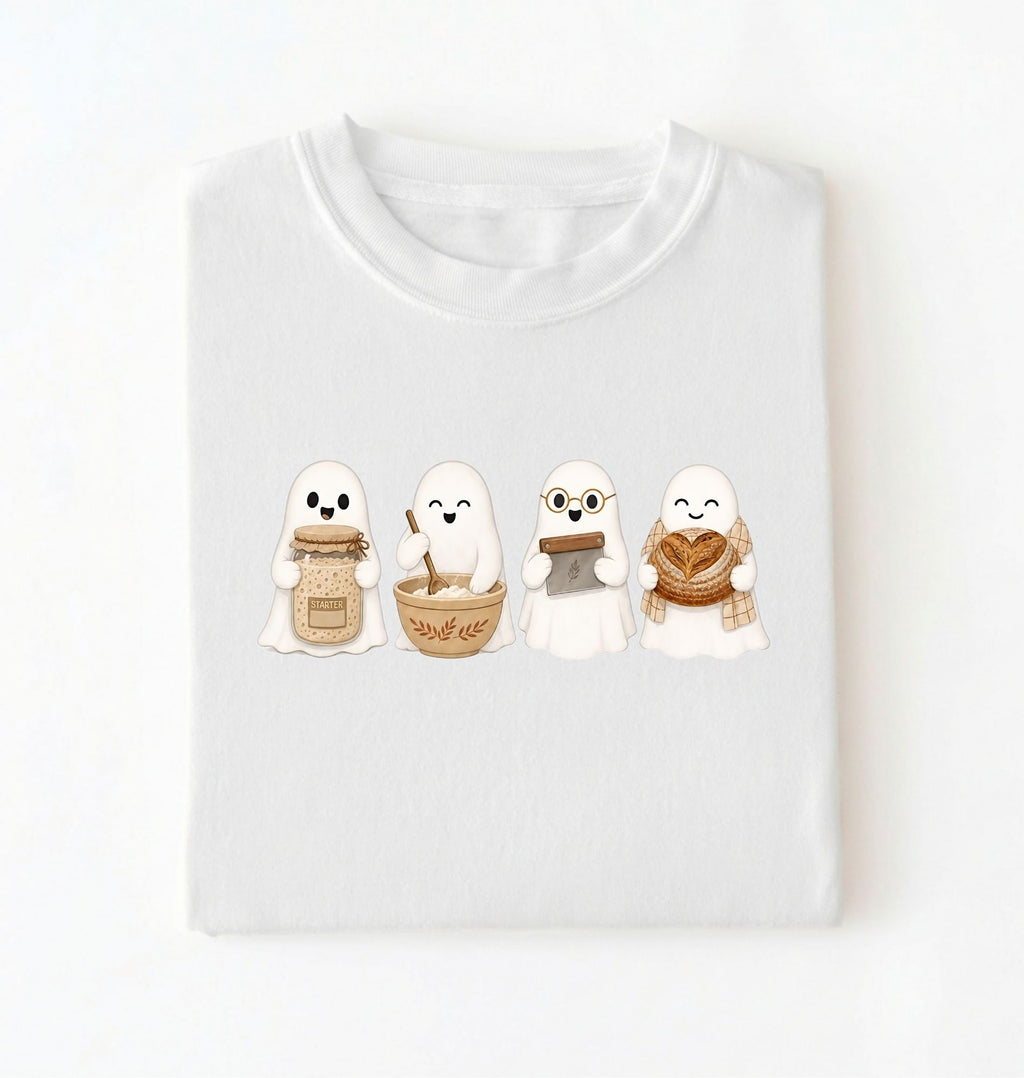 Ghost Baking Crew T‑Shirt, Cute Ghosts with Bread, Pastry & Coffee