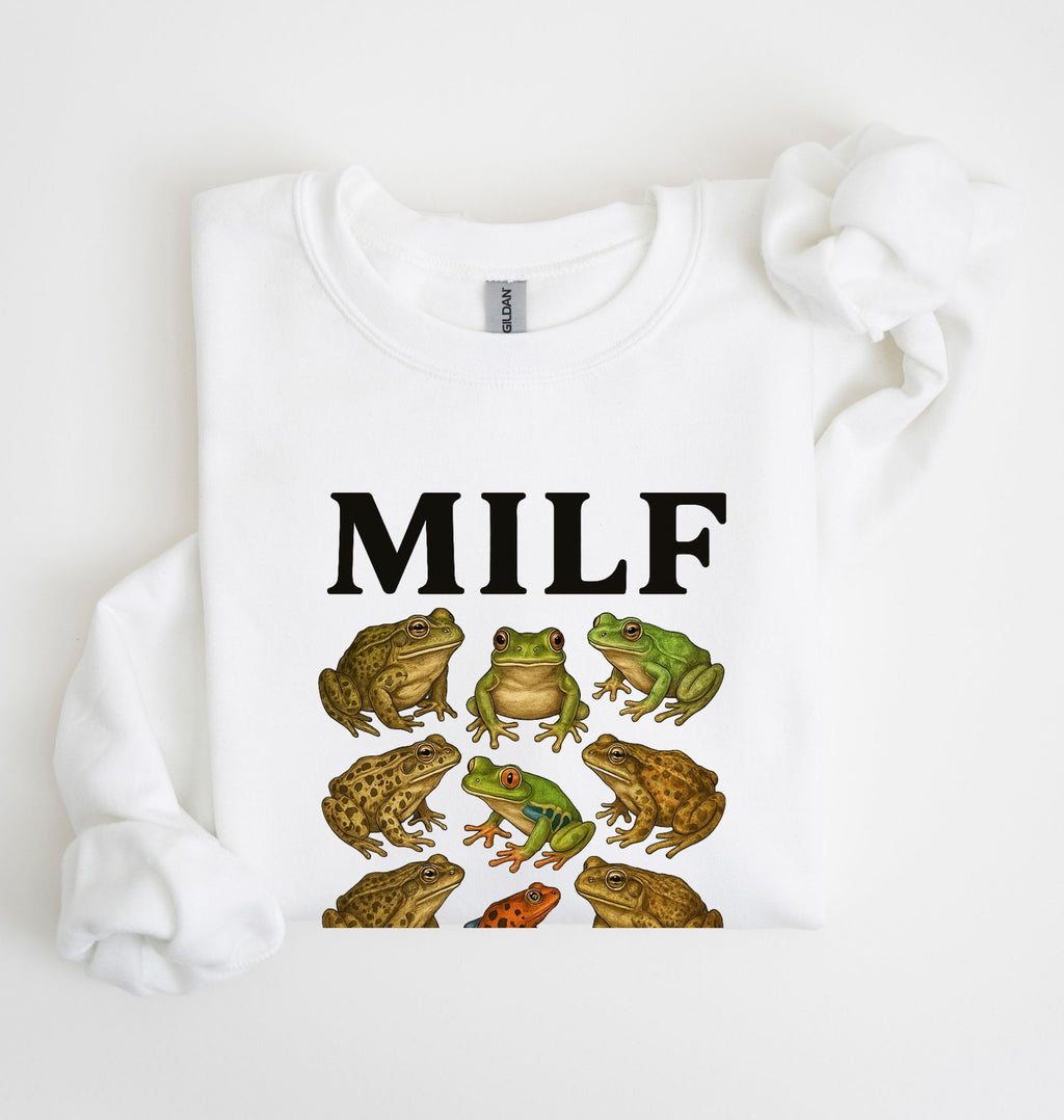 Funny MILF frog sweatshirt with vintage frog illustrations, cozy unisex pullover for frog lovers and gardener gifts