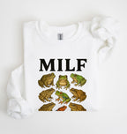 Funny MILF frog sweatshirt with vintage frog illustrations, cozy unisex pullover for frog lovers and gardener gifts