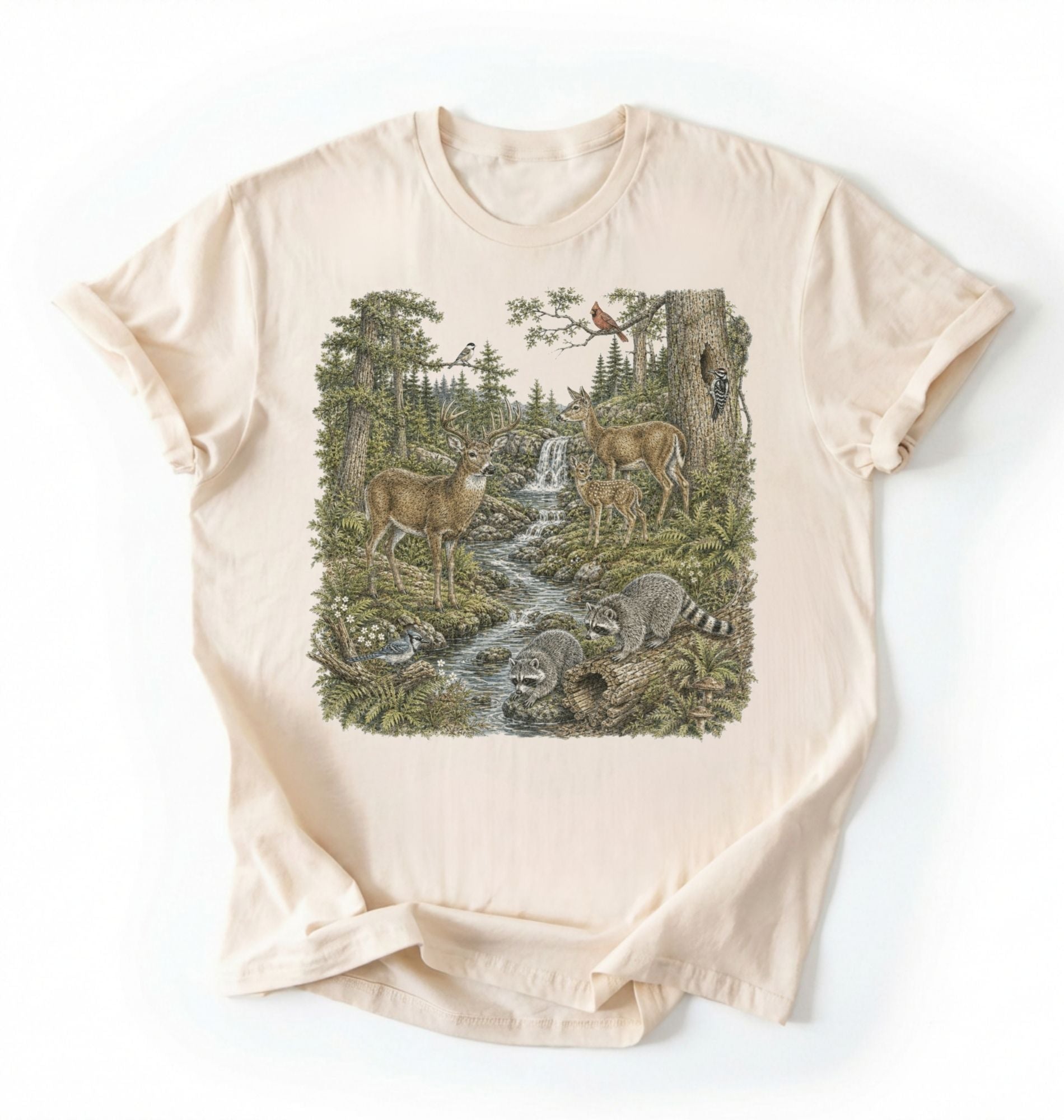 Flat lay of a natural Woodland forest animals shirt featuring deer, raccoons, and scenic nature illustration on a white background 