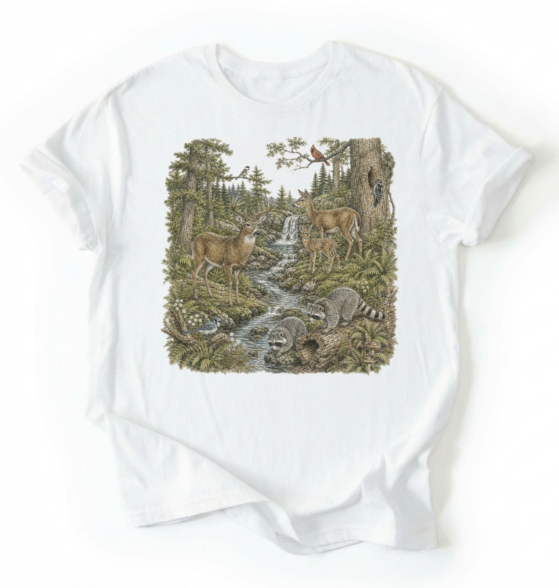 Flat lay of a white Woodland forest animals shirt featuring deer, raccoons, and scenic nature illustration on a white background 