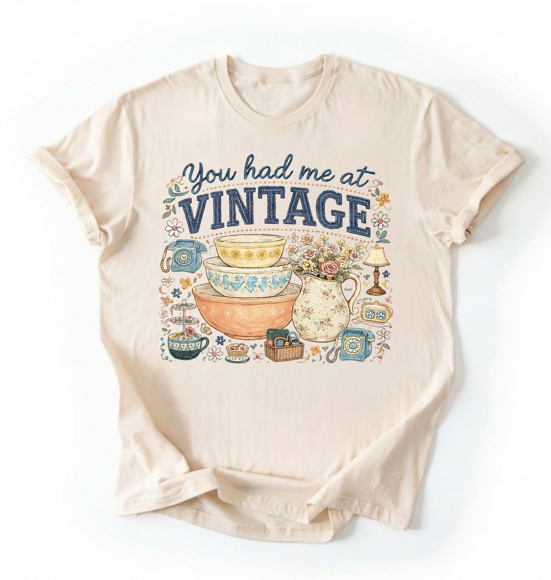 Flat lay of a natural you had me at vintage shirt white retro thrift aesthetic antique lover gift on a white background 