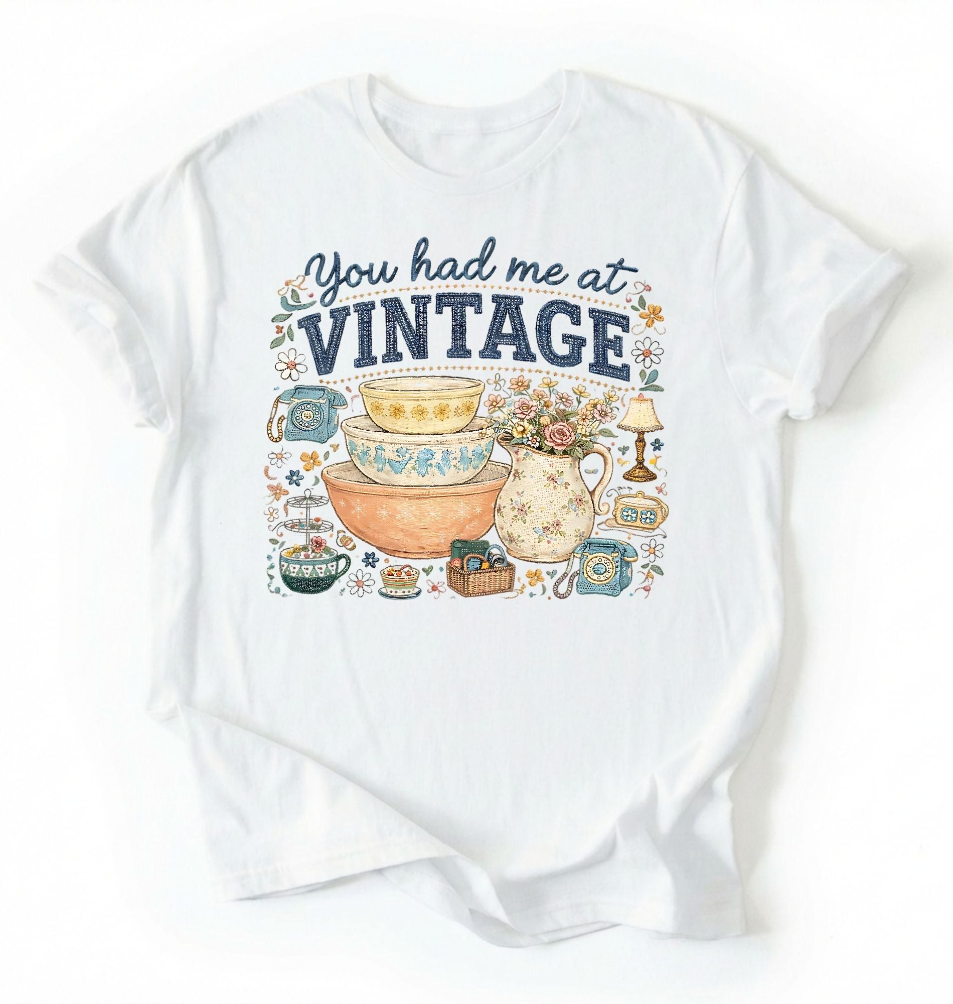 Flat lay of a white you had me at vintage shirt white retro thrift aesthetic antique lover gift on a white background 